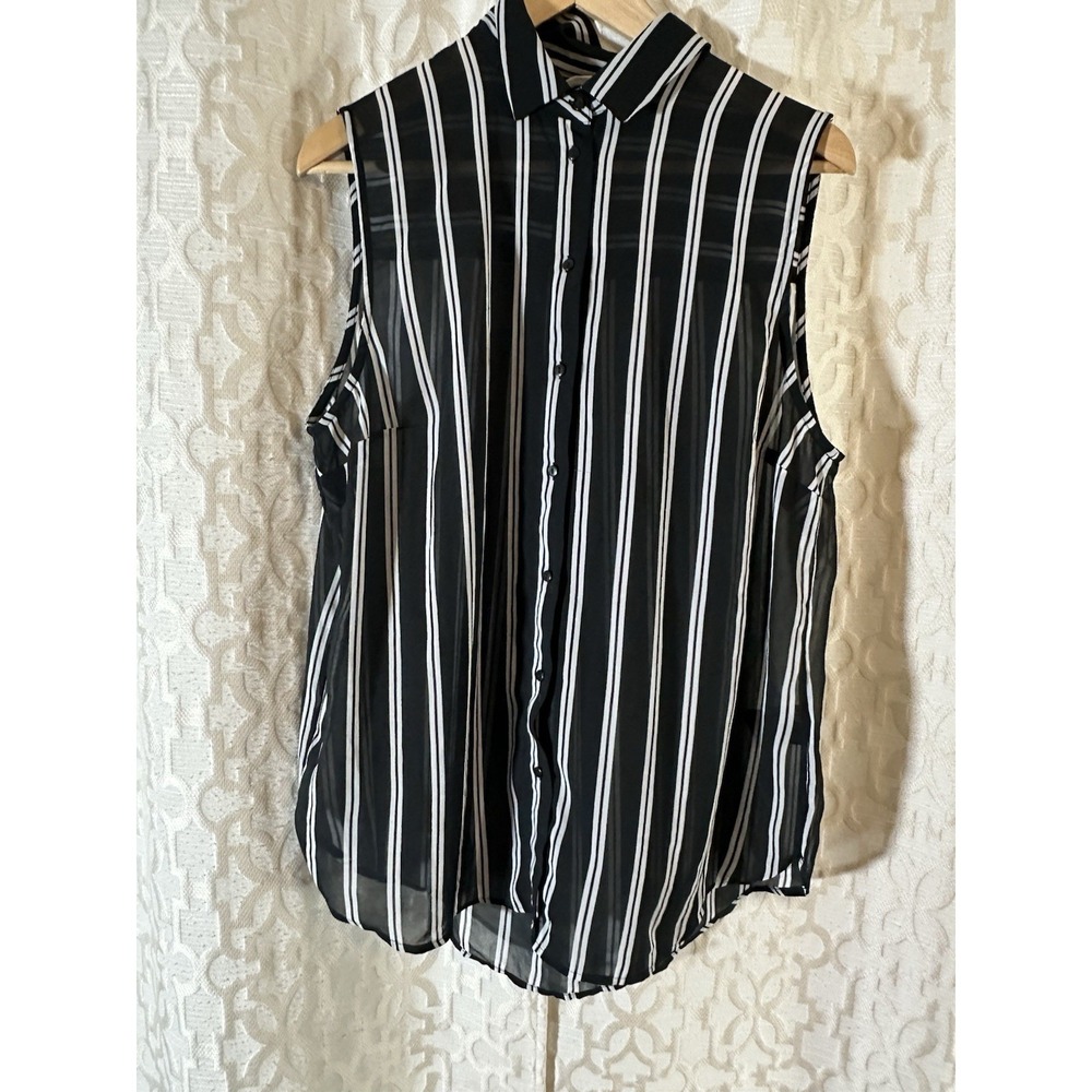 H&M Women's Button Down Sleeveless Sheer Black And White Striped Top Size 12